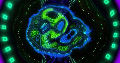 Neon kaleidoscopic flowing texture on black background