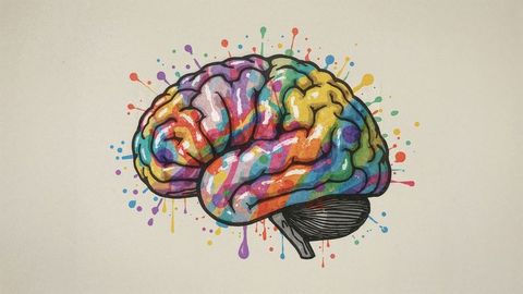 Colorful psychedelic brain illustration with dripping paint