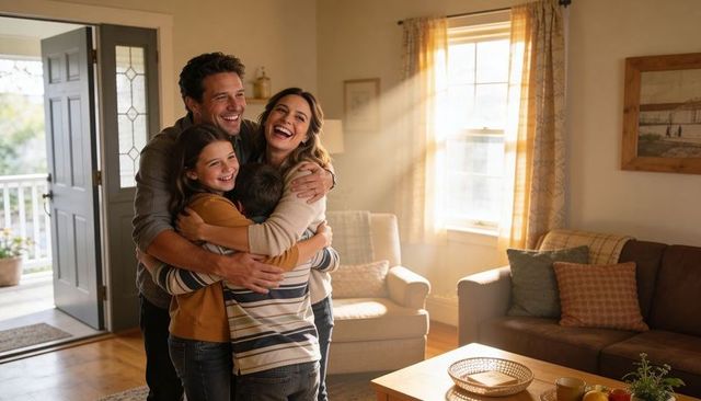 Sunlit family hug in cozy living room near open door conveying warmth and togetherness