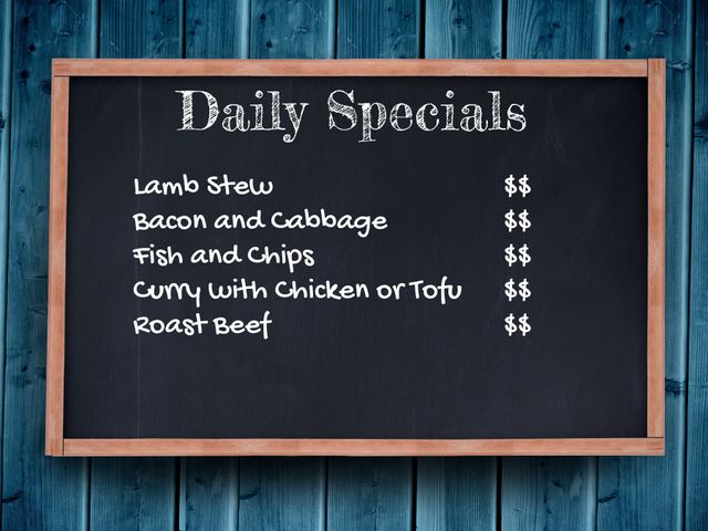 This image is great for restaurants wanting to display daily specials in a rustic, appealing way. The chalkboard design adds a touch of homeliness, making it ideal for cafes, bistros, or family-owned restaurants. Use it for promoting special dishes or weekly meal offers.