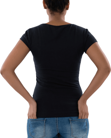 Rear View of Woman in Black Shirt with Light Denim - Transparent Background