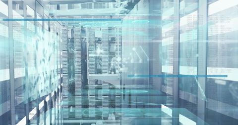 Futuristic Data Processing with DNA Helix Overlay in Server Room