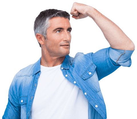 Confident Mature Man Showing Arm Muscles on Transparent Background