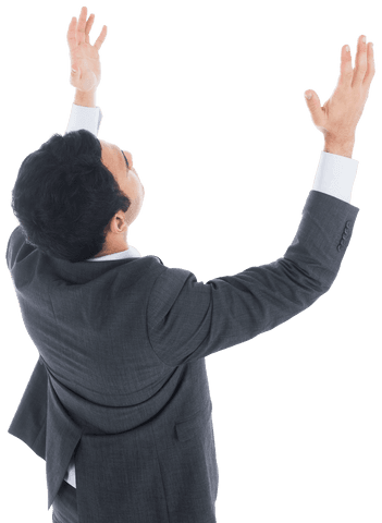 Biracial businessman raising hands in victory on transparent background