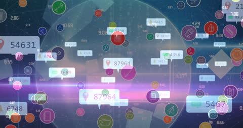 Digital Media Icons Floating with Data Over Blue Tech Background