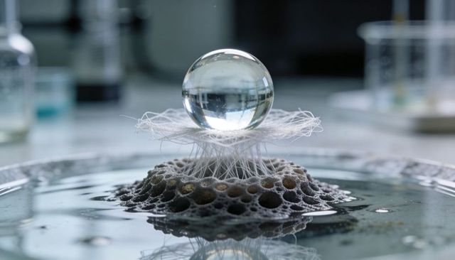 Balancing glass sphere floating on delicate fiber nest above porous substrate in lab dish