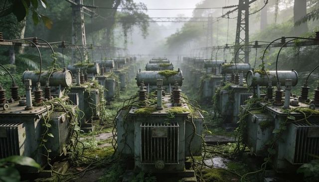 Moss-covered transformers reclaimed by nature in misty forest substation, tangled cables