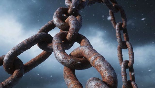 Rusted Heavy Steel Chains Hanging in Falling Snow, Corrosion Texture and Frosted Links