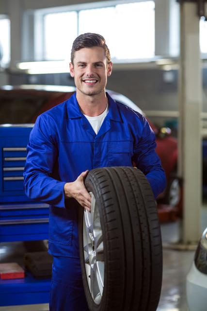 Portrait of mechanic holding a tyre in repair garage