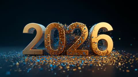 2026 New Year Countdown Revealing Gold Numerals with Blue and Gold Confetti Explosion
