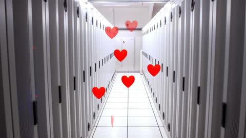 Animation of Hearts in Data Center Aisle Illustrating Connectivity