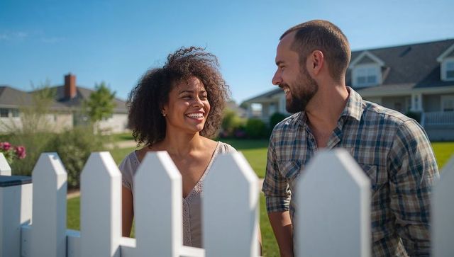 Smiling couple chatting at neighborhood picket fence