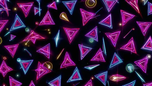 Vibrant neon triangles on abstract black digital backdrop