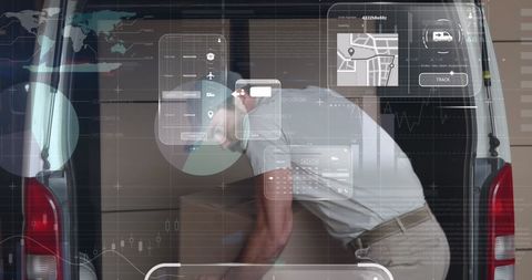 Digital Dashboard Overlays on Deliveryman with Packages