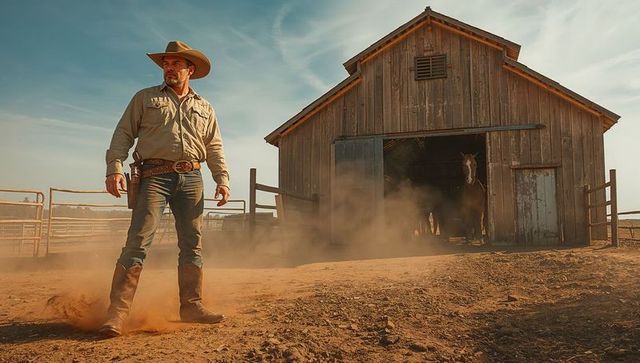 Cowboy Standing in Dusty Ranch Yard Near Wooden Barn
