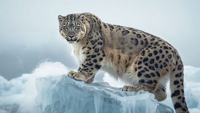 Snow leopard perching on jagged ice ledge on glacier, misty alpine wilderness portrait