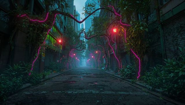Neon Magenta Vines Lighting Foggy Urban Alley with Wet Cracked Pavement and Puddles