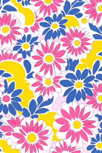 This vibrant floral pattern features pink, blue, and yellow flowers, creating a lively design perfect for spring or summer-themed projects. Its seamless design makes it ideal for wallpaper, fabric prints, or wrapping paper. Use this pattern in DIY crafts, digital design, or as eye-catching backgrounds for invitations, stationery, or social media graphics.