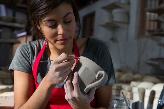 This image depicts a female potter meticulously carving a mug in a pottery workshop. Ideal for use in articles or advertisements related to ceramic art, handmade crafts, artisan workshops, and creative processes. It can also be used in educational materials about pottery techniques and craftsmanship.