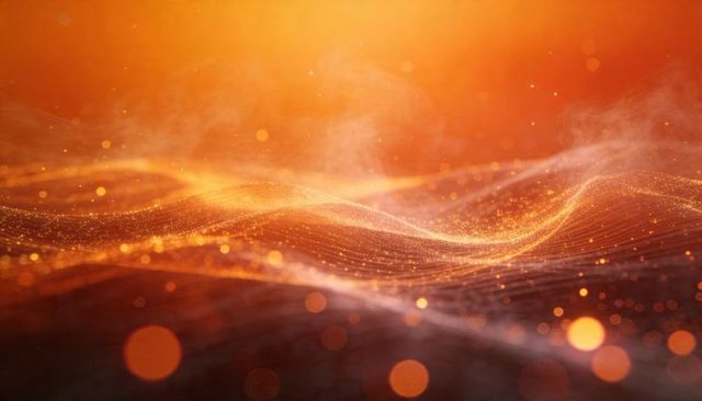 Flowing golden particle wave over abstract digital mesh, glowing bokeh and haze