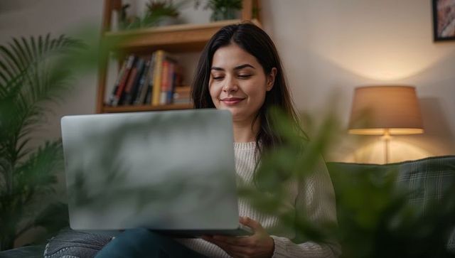 Young woman working remotely on laptop in cozy living room with houseplants, warm lighting