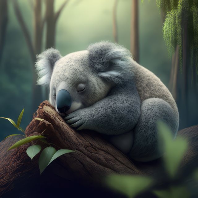 This image features a peaceful koala bear resting on a tree branch in a quiet, forested area. The setting has a serene and calming ambiance with a focus on the natural beauty of wildlife. Ideal for use in nature-focused articles, wildlife documentary promotions, environmental awareness campaigns, or prints for decor emphasizing tranquility and relaxation.