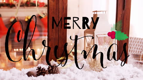 Merry Christmas Greeting Card with Snow and Candle Lantern Decoration