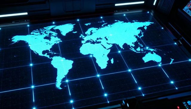 Holographic World Map Projecting Over Tactical Command Table with Cyan Grid