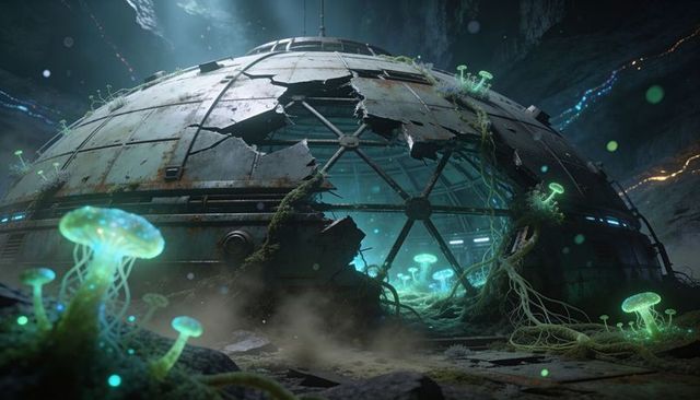 Bioluminescent mushrooms reclaiming rusted geodesic dome in subterranean cavern