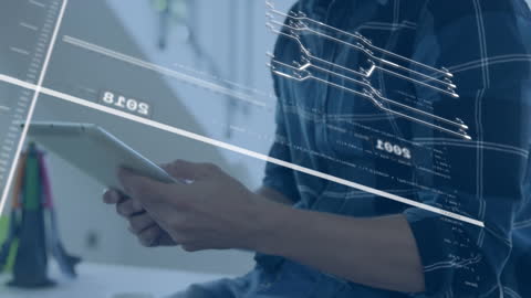 Man Analyzing Financial Data on Tablet with Digital Overlay