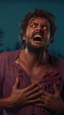Man transforming into werewolf at night in dark forest, clutching chest with torn red shirt