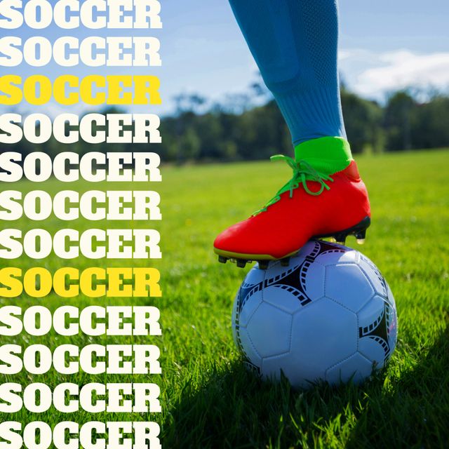 Soccer Player Leg with Ball on Field with Repetitive Text Overlay - Download Free Stock Templates Pikwizard.com