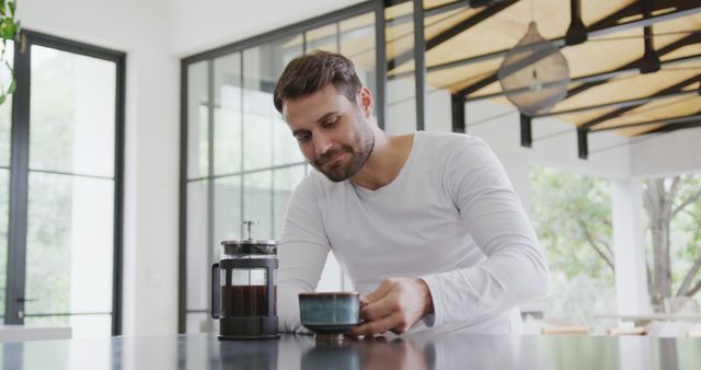 Man Enjoying Freshly Brewed Coffee at Home with French Press - Download Free Stock Images Pikwizard.com