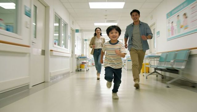 Young boy running down hospital corridor with smiling parents, family healthcare visit