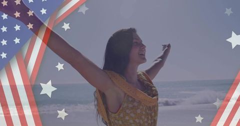 Young woman joyfully celebrating fourth of july on sunny beach with american flag overlay