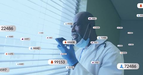Mature Doctor Viewing Window with Digital Medical Notifications