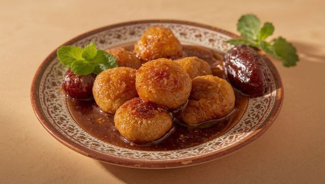 Sticky date dumplings with caramel syrup on ornate ceramic plate with fresh mint