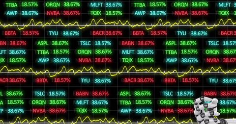 Robotic arm analyzing stock market data display