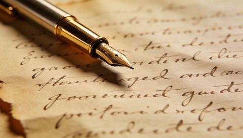 Gold Fountain Pen Nib Resting on Aged Parchment with Sepia Cursive Handwriting
