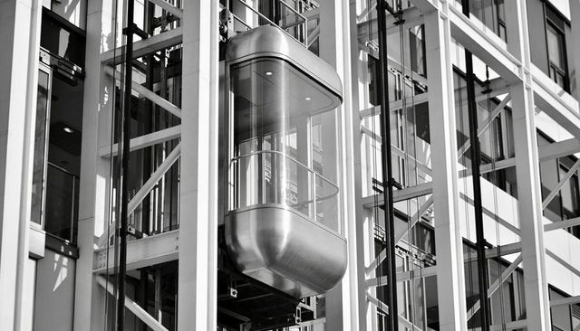Panoramic glass elevator ascending on modern steel and glass facade, urban architecture