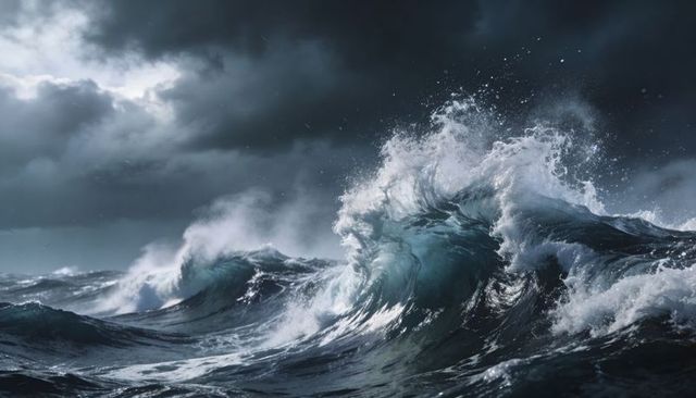 Surging ocean waves crashing under stormy sky, dramatic cresting wave and foam at sea