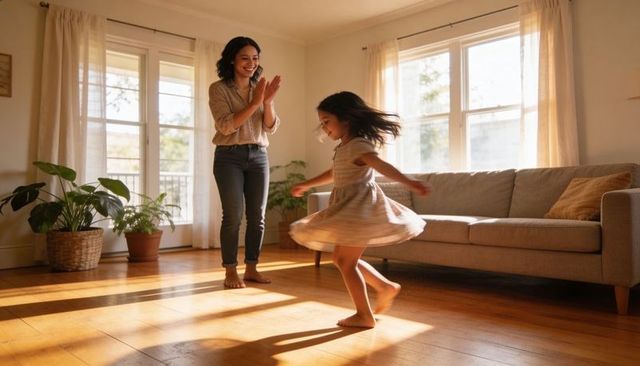 Mother clapping while daughter twirling on hardwood floor in sunlit cozy living room