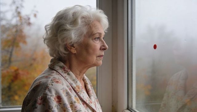 Elderly woman gazing through fogged window with floral robe and quiet autumn reflection