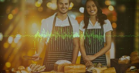 Bakery team serving fresh bread and pastries with green waveform tech overlay