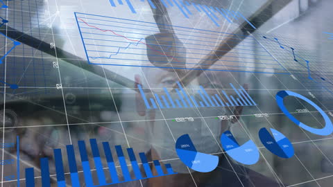 Business Professional Surrounded by Digital Financial Graphs and Data