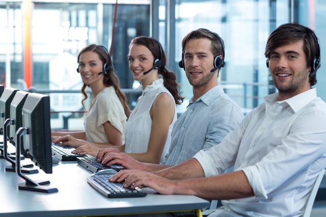Portrait of business executives with headsets using computer in office