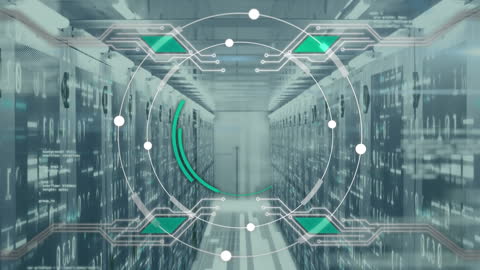 Data Processing and Scanning Animation in Futuristic Server Room