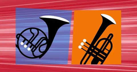 Vibrant abstract illustration of french horn and trumpet on colorful panels