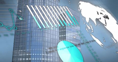 Digital finance charts overlaying modern skyscraper