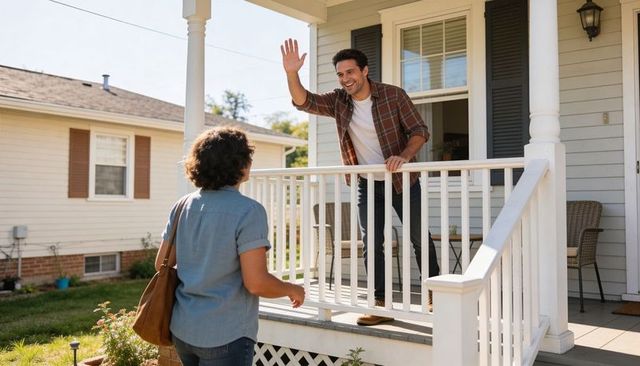 Neighbor greeting on sunny porch: man waving from front porch while woman walking up